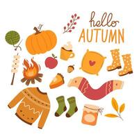 Hello autumn illustration collection. Autumn object elements cartoon hand drawn vector