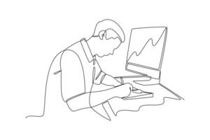 Continuous line drawing of businessman working at desk with computer and writing notes. Symbolizing productivity. vector