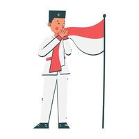 Indonesian man showing reverence to the flag during indonesian independence day festivities vector