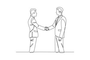 Two businessmen shaking hands in a continuous line drawing. Symbolizing partnership and agreement vector
