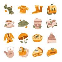 Autumn fall season illustration collection. Autumn object elements in cartoon hand drawn style vector