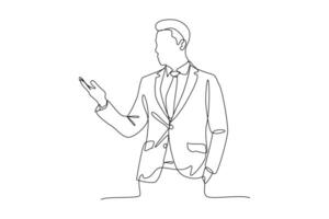 Continuous line drawing of standing businessman showing something with his hand vector