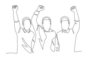 Continuous line drawing of businessmen raising fists to celebrating success and teamwork vector