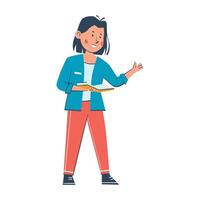 Young woman teacher is standing, holding an open book and gesturing while explaining lesson. Inspiring Future Career for Kids vector
