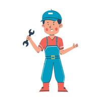 Smiling boy mechanic holding wrench, aspiring engineer, future career choices for kids concept illustration vector