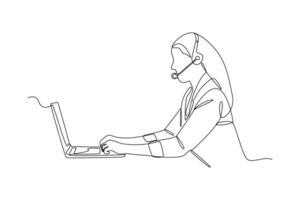 Continuous line drawing of female customer service operator in front of a computer with a headset. vector