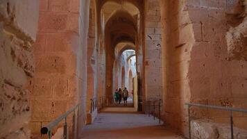 Walking Through Passage Of Ancient Amphitheater In El Jem, Tunisia. video