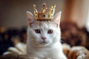 White royal cat with gold crown on blurred background. Soft selective focus photo
