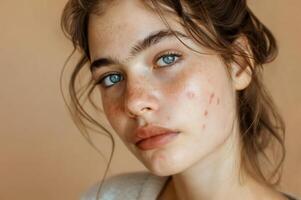Portrait of young girl with problem skin. Teenage girl with acne, pimples, scars problem on beige background. Selective focus photo