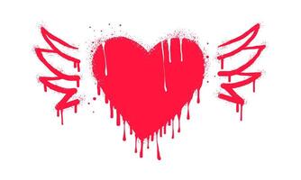 Spray painted graffiti flying heart with wings icon. Red over white. Heart with wings drip symbol. isolated on white background. vector