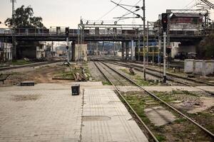 View of train Railway Tracks from the middle during daytime at Kathgodam railway station in India, Train railway track view, Indian Railway junction, Heavy industry photo