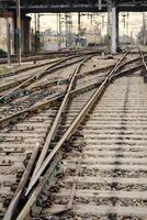 View of train Railway Tracks from the middle during daytime at Kathgodam railway station in India, Train railway track view, Indian Railway junction, Heavy industry photo