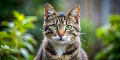 Tabby Cat Staring Intently in a Lush Garden Setting photo