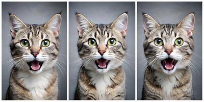 Expressive Tabby Cat Trio Capturing Hilarious Reactions in a Photobooth Style photo