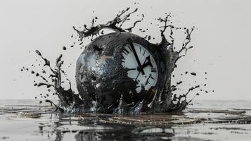 Conceptual image of a clock melting over the edge of a table inspired by Salvador Dali famous painting representing the fluidity of time photo
