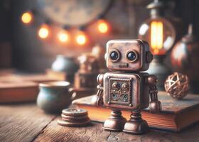 Nostalgic mini robot with rustic, stained appearance on a table under soft studio lighting in a vintage setting photo