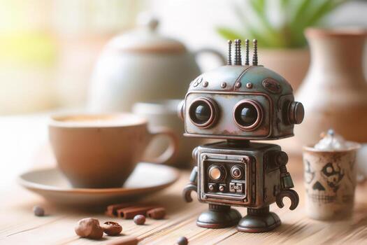 Nostalgic mini robot with rustic, stained appearance on a table under soft studio lighting in a vintage setting photo