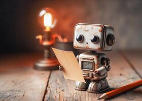 Nostalgic vintage mini robot with rustic, stained appearance holding paper and pencil on a table soft studio lighting photo