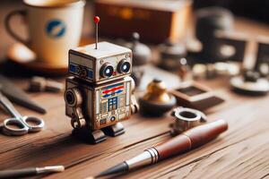 Nostalgic mini robot with rustic, stained appearance on a table under soft studio lighting in a vintage setting photo