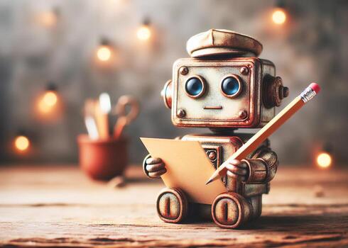 Nostalgic vintage mini robot with rustic, stained appearance holding paper and pencil on a table soft studio lighting photo