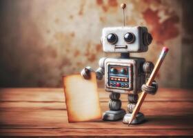 Nostalgic vintage mini robot with rustic, stained appearance holding paper and pencil on a table soft studio lighting photo