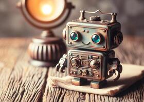 Nostalgic mini robot with rustic, stained appearance on a table under soft studio lighting in a vintage setting photo