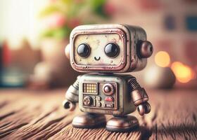 Nostalgic mini robot with rustic, stained appearance on a table under soft studio lighting in a vintage setting photo