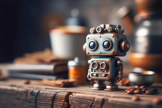 Nostalgic mini robot with rustic, stained appearance on a table under soft studio lighting in a vintage setting photo