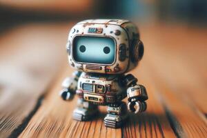 Nostalgic mini robot with rustic, stained appearance on a table under soft studio lighting in a vintage setting photo