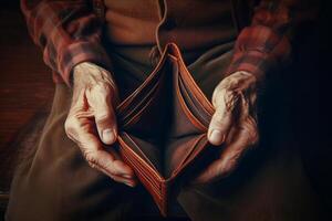 Closeup aged hands holding empty, worn-out leather wallet, aging financial struggle photo
