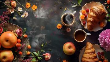 Early breakfast with black strong aromatic coffee and a croissant, complemented by fresh berries and flowers in white dishes photo