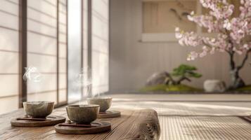 tea ceremony made from clay cups on a low wooden table photo