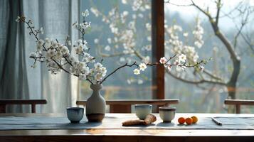 Japanese breakfast with aromatic crispy croissants, hot coffee and tangerines stands on a table decorated with a vase with cherry blossom branches photo