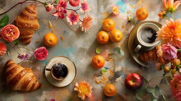Fragrant, crispy croissants paired with hot coffee, apples and oranges are the best breakfast photo
