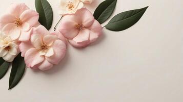 flowers and leaves creative frame on a background. Top view, flat lay. Floral composition and design photo