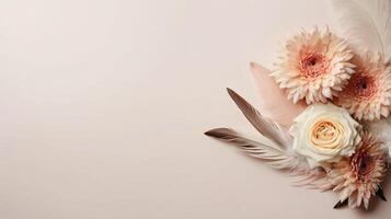 flowers and leaves creative frame on a background. Top view, flat lay. Floral composition and design photo
