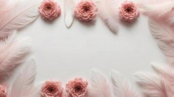 Ivory and peach flowers and feathers on a background, floral frame, copy space photo