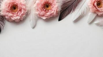 Ivory and peach flowers and feathers on a background, floral frame, copy space photo