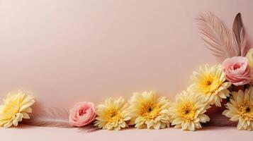 flowers and leaves creative frame on a background. Top view, flat lay. Floral composition and design photo