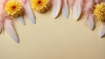flowers and leaves creative frame on a background. Top view, flat lay. Floral composition and design photo