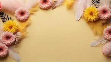 flowers and leaves creative frame on a background. Top view, flat lay. Floral composition and design photo