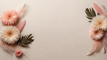 flowers and leaves creative frame on a background. Top view, flat lay. Floral composition and design photo