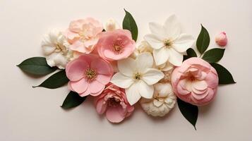 flowers and leaves creative frame on a background. Top view, flat lay. Floral composition and design photo