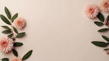 flowers and leaves creative frame on a background. Top view, flat lay. Floral composition and design photo