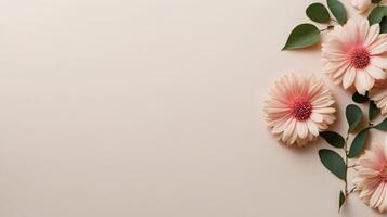 flowers and leaves creative frame on a background. Top view, flat lay. Floral composition and design photo