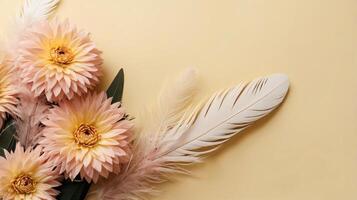 flowers and leaves creative frame on a background. Top view, flat lay. Floral composition and design photo