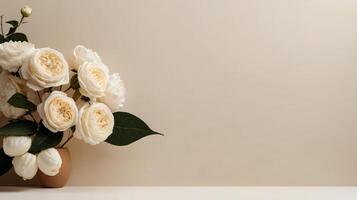 Mockup with frame, flowers and leaves over beige pastel background. Flat lay, top view photo