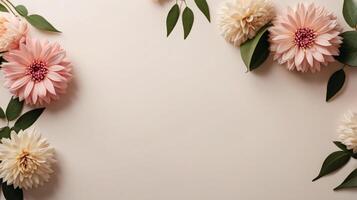 flowers and leaves creative frame on a background. Top view, flat lay. Floral composition and design photo