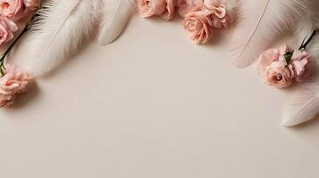 flowers and leaves creative frame on a background. Top view, flat lay. Floral composition and design photo