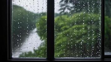 window with water droplets caused by rain , autumn vibes, copy space photo